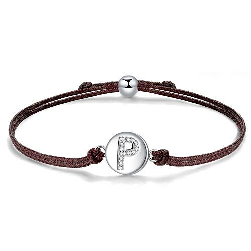 J.Endéar Bracciale Lettera P in Argento Sterling 925, Lettera Iniziale Disco con Catena in Filigrana Fatta a Mano Regolabile da 24cm, Marrone