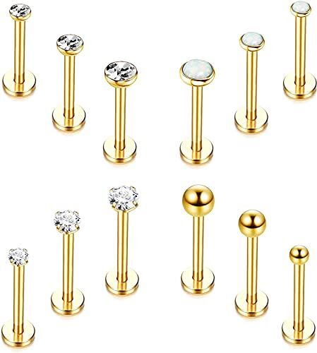 CASSIECA 12 Pezzi 16 G Acciaio Inossidabile Piercing da Uomo Donna Narice Orecchio Cartilagine Helix Labret Piercing Set Tragus Piercing Gioielli Penetranti, Argento, Oro, Nero