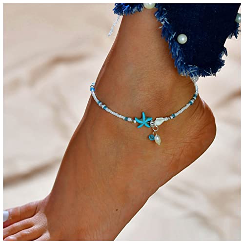 Dervivea Boho Stelle Marine Perline Cavigliera Bracciali Bianco Perline Cavigliera Spiaggia Perline Estate Blu Stelle Marine Piede Catena Gioielli Per Le Donne E Le Ragazze