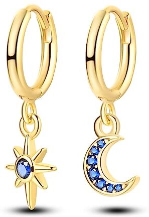 NARMO Ciondolo Orecchini di Goccia 925 Argento Sterling Placcato Oro Star & Moon Orecchini Cubic Zirconia Hoop Orecchini per le Donne Ragazze