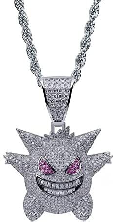 Gionatan Shop Collana Pokemo Anime con ciondolo pendente Gengar figure con Strass brillanti zircone unisex uomo donna ragazzi e ragazze Hip hop Punk Trap regalo colore argento e catenina acciaio inossidabile