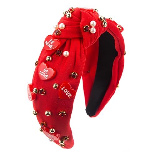 Porceosy Cerchietto da donna per San Valentino con strass e ciondolo a forma di cuore con perle finte e nodo in tessuto colorato El Red