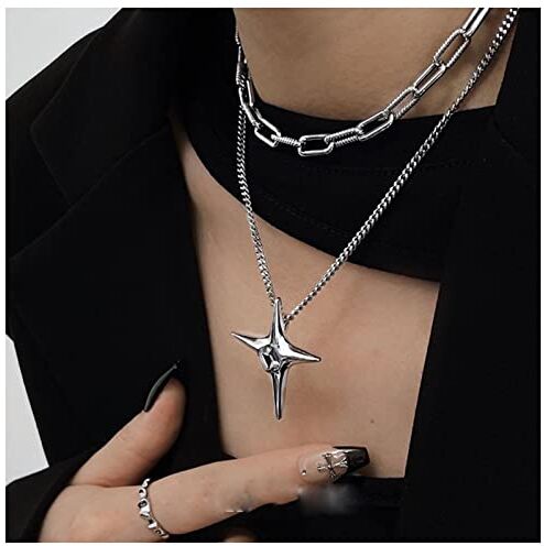 Dervivea Collana girocollo con stella a strati punk Collana con pendente a stella di cristallo Collana a catena con graffette grosse Collana con croce in argento Gioielli per donne e ragazze