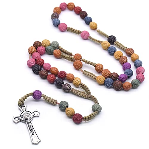 Jiali Q Rosario cattolico rotondo in resina colorata con perline fatte a mano linea cristiana vintage croce ornamento collana rosario