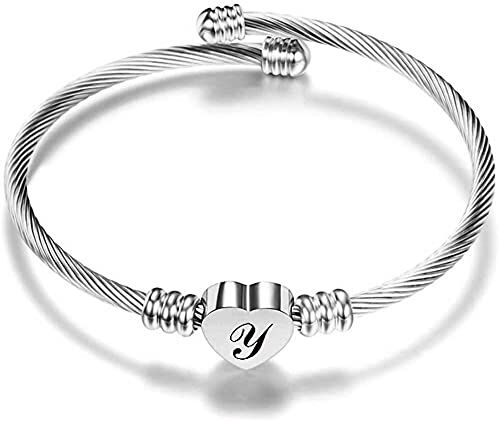 AURSTORE Bracciale a cavo da 20 cm, in acciaio inossidabile 316L, regolabile, personalizzabile con lettera A-Z, da donna, colore argentato (Y)