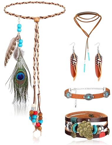 Finrezio Orecchini Boho Pelle Girocollo Collana Bracciale Set per Donna Pelle Girocollo Collana Bracciale Indiano Piuma Copricapo Pelle Hippie Bohémien Retro Western Dream Catcher Set Gioielli