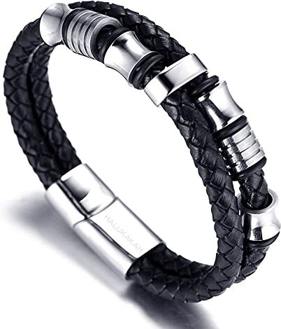 HALUKAKAH Bambini ● Assolo Junior ● Bracciale Ragazzo Maschio in Vera Pelle Cuoio Nero 6-12 Anni Perle in Argento Titanio Acciaio Chiusura Magnetica 7"(18cm) con Pacco Regalo Gratuita