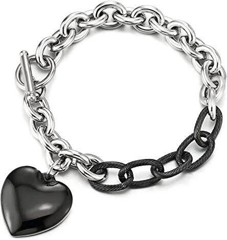 COOLSTEELANDBEYOND Nero Argento Rolo Catena Charm Bracciale Soffio Cuore, Braccialetto di Fascino, Acciaio Inossidabile, Link Lucido