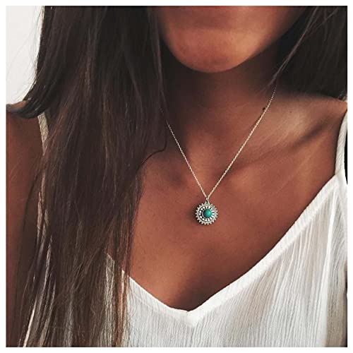 Dervivea Boho Turchese Collana Catena Collana Pendente Sole Girocollo Collana Rotonda Argento Collana Disco Minimalista Gioielli per Donne e Ragazze