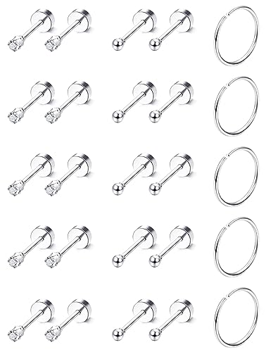 ADRAMATA Piccoli Orecchini a Bottone per Uomo Donna Acciaio Chirurgico Orecchini Cerchio Orecchini Punto Luce Set Piercing Multipli Ipoallergenici Tragus Cartilagine Orecchio Piercing Gioielli, 20G,BS