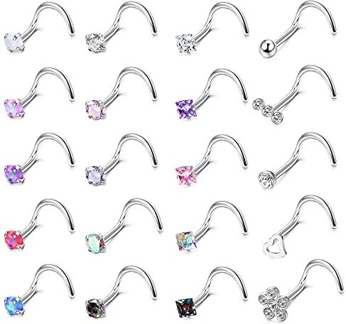 ADRAMATA 20 Pezzi 20G Piercing Naso Acciaio Chirurgico Naso Stud Set Diamante Opale CZ Nostril Piercing Gioielli per Donna Uomo Vite/Dritto/L Forma Naso Anelli Piercing Gioielli Multicolore,S