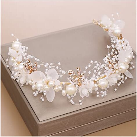 NYMFEA yaoqijie Fiori bianchi fatti a mano Fascia for capelli Nastro di perle Fasce for capelli da sposa Pezzi for la testa da spettacolo for le donne Gioielli for diademi lasting