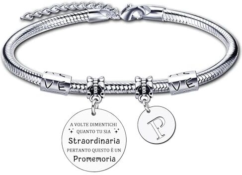 LUODAN Ispirativo regalo Bracciale argento A-Z 26 lettera iniziale ciondolo Bracciale,Regalo Laurea Amicizia Bracciale Ispiratore Donna Ragazza per Migliore Amica Regali Compleanno Natale (P)