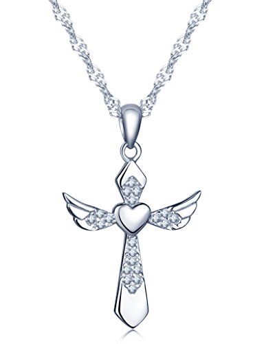Infinite U Collana con ciondolo a forma di croce con ali d'angelo e cuore, in argento Sterling 925 rodiato con zirconi, collana per donna/ragazza