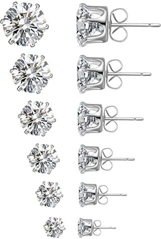 ADRAMATA 6 Paia Orecchini Donna Uomo Ipoallergenico Acciaio Chirurgico Orecchini Punto Luce Zirconi Simulato Diamante Brillantini Orecchini Set Anallergici Orecchini Donna Ragazze Argento 3-8 mm