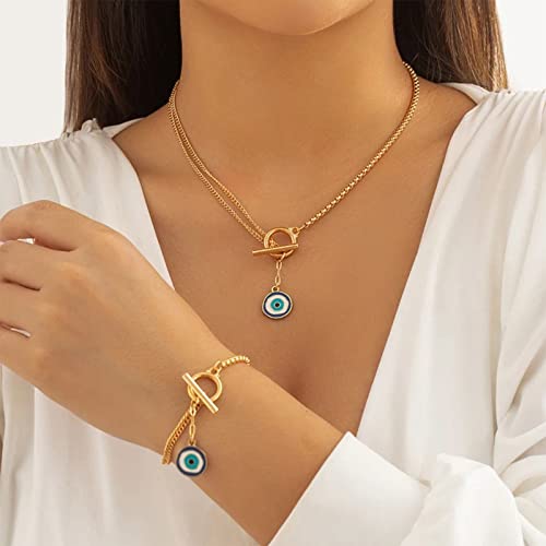 Wendalern Gotico Malocchio Collana Bracciale Set per Donna Delicato Occhio Azzurro Collana con Toggle Fibbia Malocchio Bracciale Catena d'Oro Occhio di Demone Set di Gioielli Costume di Halloween