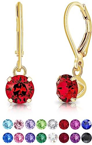 DTPsilver ® Orecchini Donna Argento 925 Placcato Oro Giallo con Cristalli Swarovski® Elements Orecchini Pendenti Donna Orecchini Oro Placcato Diametro 6 mm Orecchini Rosso Rubino