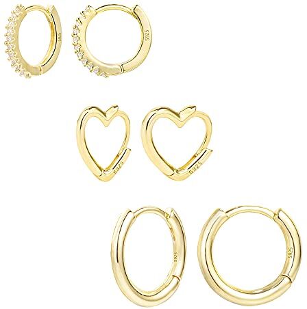 ALEXCRAFT orecchini cerchio oro, orecchini cuore, orecchini cerchio piccoli, orecchini dorati, 3 Paia Orecchini a Bottone Cartilagine set di Orecchini ipoallergenici per Donna Ragazze, Oro