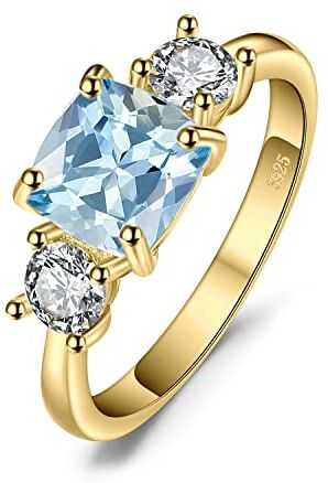 JewelryPalace Anello a Tre Pietre Donna Argento con Naturale Topazio Blu, Anelli Donna in Argento 925 con Pietra Azzurra a Taglio Cuscino, Fedina in Oro Anelli Anniversario Set Gioielli Donna 17