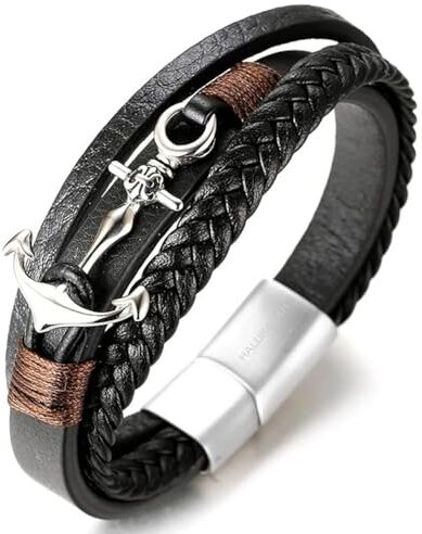 HALUKAKAH ● Vela ● Bracciale Uomo in Vera Pelle Cuoio Fatto a Mano Treccia Ancora Chiusura Magnetica Titanio Acciaio Opaco 8.46"(21.5cm)