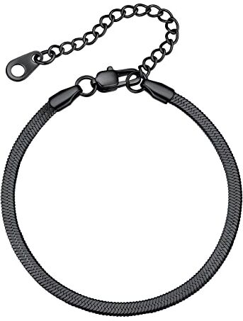 Bestyle Bracciale Nero Donna Catena Piatta Serpente 3mm/ 16+5cm Regolabile Bracciale Acciaio Inox Donna Bracciale Donna Argento