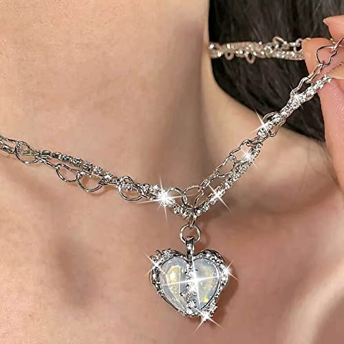 TseenYi Pietra Di Luna Cuore Ciondolo Collana Argento Stratificato Strass Catena Collana Cuore Opale Cz Scintillante Collana Di Cristallo Amore Link Collana Gioielli Per Donne E Ragazze Regali