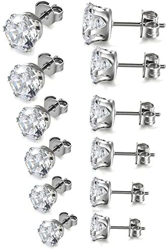 JewelryWe Gioielli Orecchini Zirconia Brillanti, Piccoli orecchini di Uomo Donna, Classico Rotondo Colore Bianco, Acciaio inossidabile 3-8mm