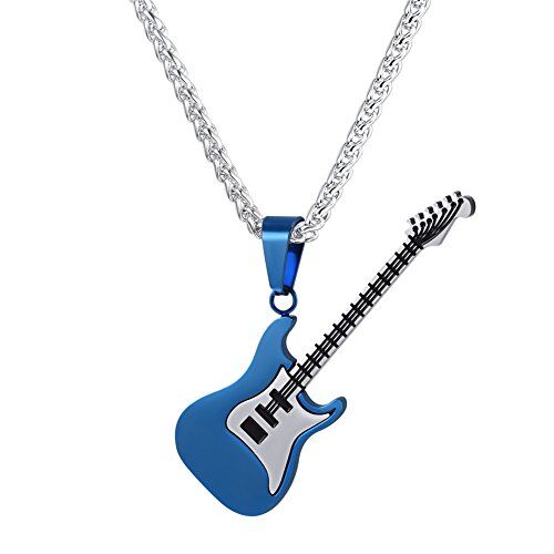 U7 Collana Uomo Ciondolo Chitarra Elettrica, Blu Collana Plettro Chitarra Uomo in Acciaio Inossidabile, Collana Musica Personalizzata con Incisione per Rock Rapper Chitarristi Ragazzi Maschio