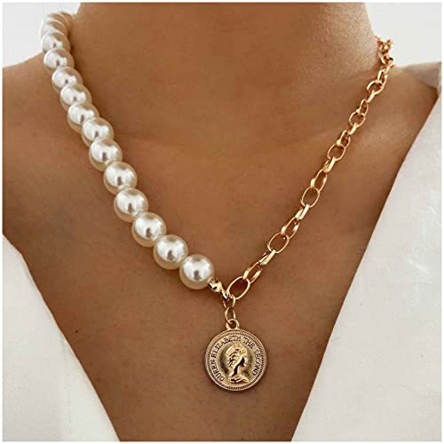 Cimenexe Vintage Coin Pendant Necklace Big Pearl Choker Necklace Gold Paperclip Chain Necklaces Carved Coin Necklace Choker Jewelry For Women And Girls