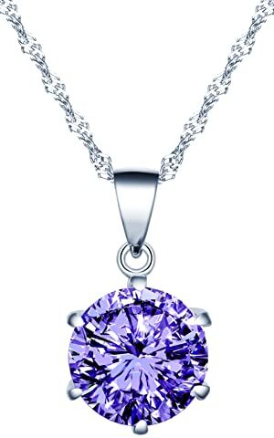 INFINIONLY Collana diamanti da donna ragazza, Collana in argento 925, Collana solitario 6 griffe, Ciondolo con zirconi lucidi, 0.8cm gemma, Processo di taglio perfetto, 45cm Catena, viola chiaro