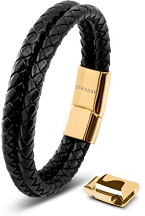 SERASAR Regalo Uomo Braccialetto Uomo 23cm Oro Bracciale Pelle Cuoio Regolabile Magnetico Inox Bracciali Braccialetti Perline Bracialetto Cinturino Braciale Bambino Bracelet Braciale Nere Accessori