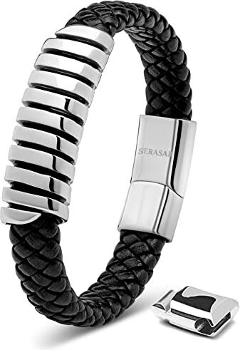 SERASAR Bracciale Uomo Pelle Argento 20cm Braccialetto Uomo Cuoio Aggiustabile Magnetico Bracciali Braccialetti Perline Bigiotteria Bracialetto Braciale Bambino Bracelet Corda Braciale Nere Accessori