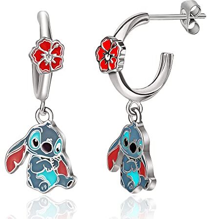 Disney Orecchini a Cerchio  Lilo e Stitch Orecchini Pendenti in Ottone con Fiori di Ibisco Smaltati e Cuciture Licenza ufficiale