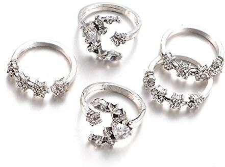 Generic Anello A Punta 5PC Moon Wedding Set Stack Silver Bohemian Lover Women Star Crystal Rings Rings Tenditore per Anelli Larghi Da (Silver-C, One Size)