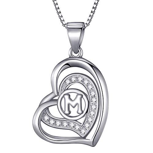 Morella Collana donna a forma di cuore lettera M con zirconi bianchi 46 cm argento 925 rodiato
