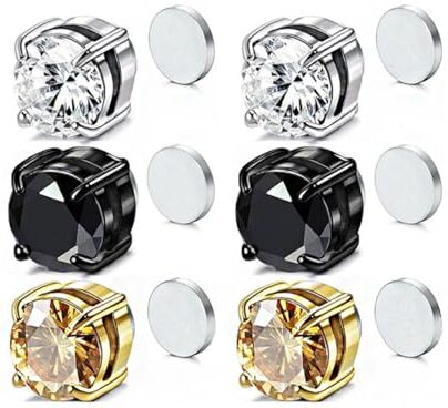 ZCSOWE 3 Paia 6mm Acciaio inossidabile Orecchini Magnetici Uomo Donna Bambina Diamante Calamita Clip Senza Buco Tondi Piccoli Cerchio Zirconi Argento Neri Oro Diamanti Finti Orecchino Set Nero Tondo