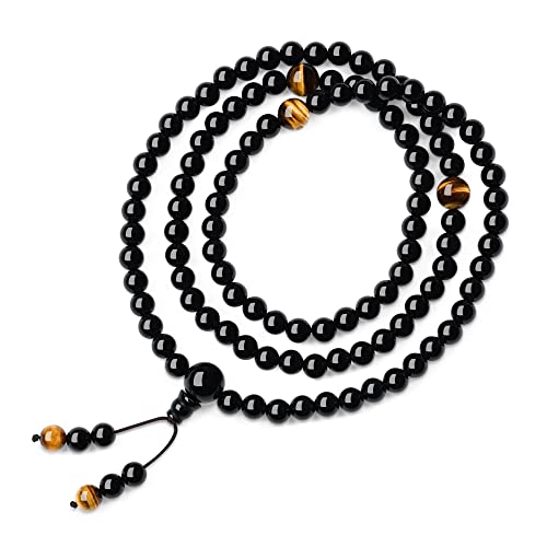 COAI Collana Mala 108 Perle di Onice con Spaziatori in Occhio di Tigre Marrone Unisex