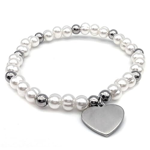 Generico Bracciale da Donna con Ciondoli a forma di Cuore Portafortuna   Braccialetto Elastico a Catena di Perline con Charm   per Donne Ragazze   Colore Bianco e Argento (#3 Cuore)