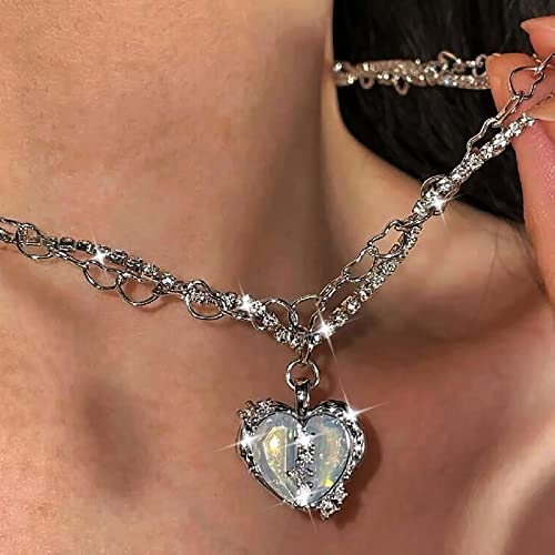 Atentuyi Collana A Strati Con Ciondolo A Forma Di Cuore Opale Collana Tennis In Argento Collana A Cuore Con Strass Collana A Cuore In Cristallo Collana Aureola In Cz Collana Gioielli Donne E Ragazze