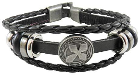 Tomsey ® A402 Bracciale in pelle nera con tripla croce, gioiello da uomo e donna