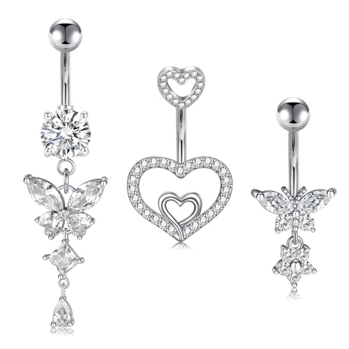 NIUSIMAN 3 pezzi ombelico Piercing, 14G ombelico Piercing chirurgico acciaio argento cuore farfalla ombelico gioielli diamante lungo ombelico Piercing Barbell Set per le donne