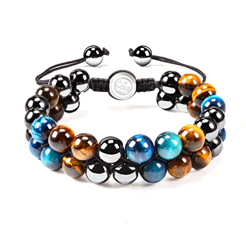 VGWON Bracciale per Uomo e Donna, Protezione Tripla 8/10mm Nero Blu Ematite Occhio di Tigre Guarigione Perle di Pietra Naturale Regalo Porta Fortuna e Prosperità