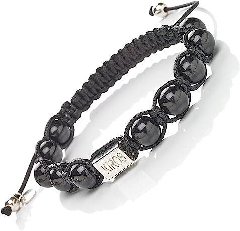 Generico KIROS Bracciale Tibetano Buddista Shamballa Tamashi Unisex Uomo Donna realizzato con Pietre Naturali 8 mm, Filo Cerato Nero, Artigianale Fatto a Mano regolabile 3 Misure.