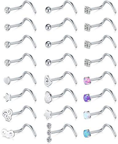 AceFun Piercing Naso Borchie 20G Set Acciaio Chirurgico 7mm Borchie a Spirale con Sfera Opale CZ Anelli Naso Stud 24 Pezzi Piercing Gioielli per Donna Uomo