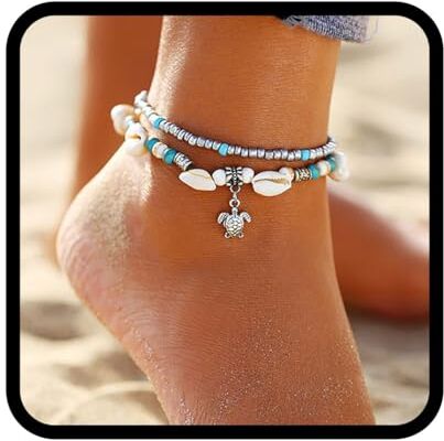 Zoestar Boho Turchese Cavigliera Argento Tartaruga Cavigliera Bracciali Conchiglia Perline Catena Piede Gioielli per Donne e Ragazze