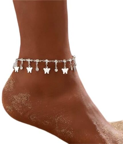 Clataly Turchese Braccialetti Della Cavigliera Multistrato Butterfly Cavigliere Shell Pearl Cavigliera Accessori Estivi Beach Foot Gioielli per le Donne Ragazze (Farfalla d'argento)