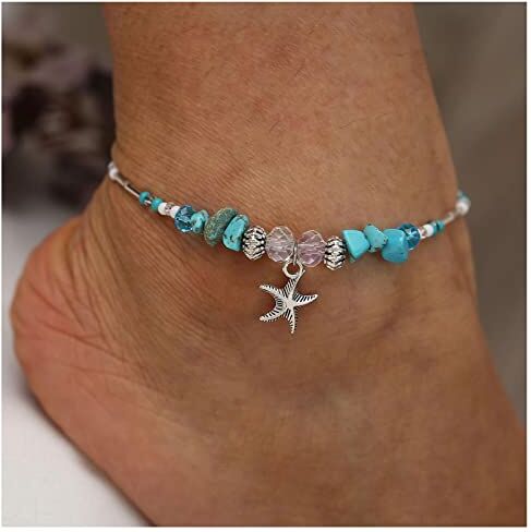 Allereya Bracciale Cavigliera Stella Marina Bracciale Cavigliera Perlina Turchese Catena Bracciale Cavigliera Pietra Blu Bracciale Cavigliera Spiaggia Piede Catena Gioielli Per Donne E Ragazze