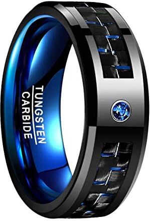 NUNCAD 8mm Anello Uomo Donna in Tungsteno con Fibra di Carbonio e Zircone Blu + Nero, Anello Fidanzamento Quotidiano Moda Taglia 24.5