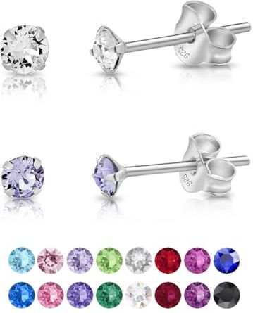 DTPsilver ® Set da 2 Paia Orecchini Punto Luce Argento 925 con Cristalli Swarovski® Elements Orecchini Lobo Donna Orecchini Piccoli con Brillantini 2 mm Colori: Diamante e Lavanda