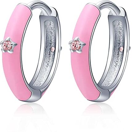 Qings Piccoli Rosa Orecchini Cerchio  Donna Cerchio Orecchino Argento 925 Colorato Smalto Mini Hoops